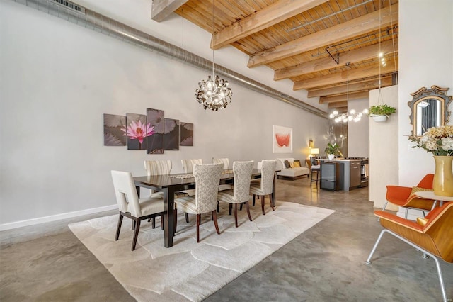 dining area with a chandelier, wood ceiling, beamed ceiling, and concrete floors