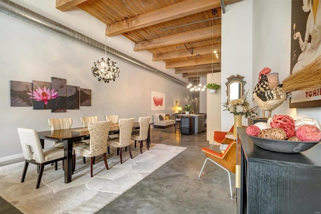 dining room featuring wooden ceiling, beam ceiling, and an inviting chandelier