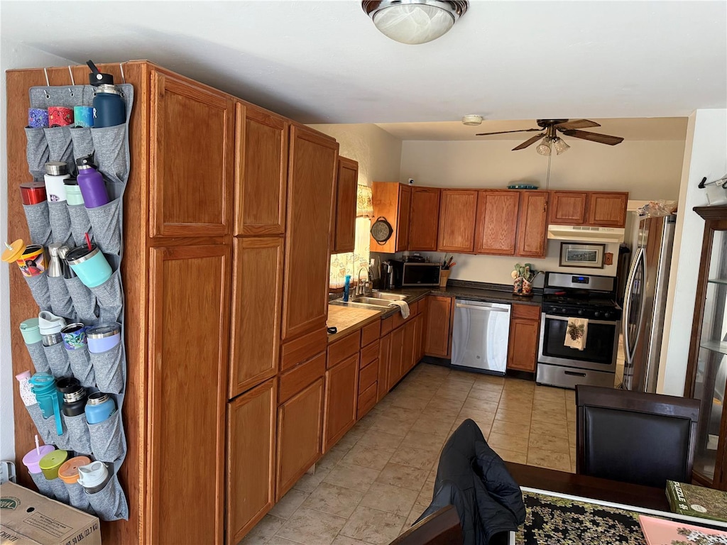 kitchen with appliances with stainless steel finishes, ceiling fan, and sink