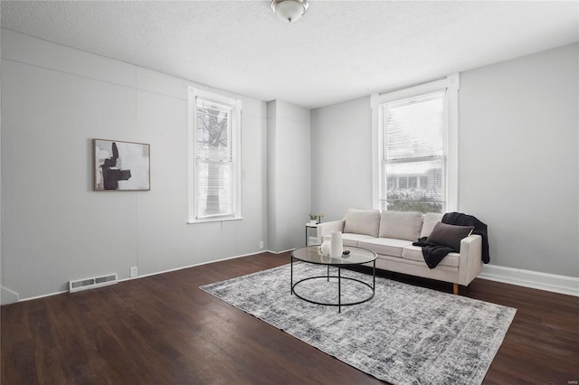 living room featuring a textured ceiling, plenty of natural light, and dark hardwood / wood-style floors