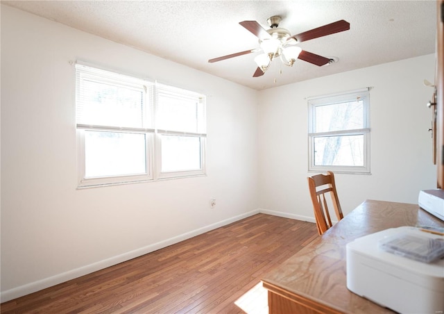 office with ceiling fan, hardwood / wood-style flooring, and a textured ceiling