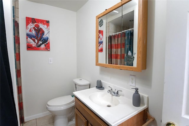 bathroom featuring vanity, tile patterned floors, toilet, and a shower with shower curtain