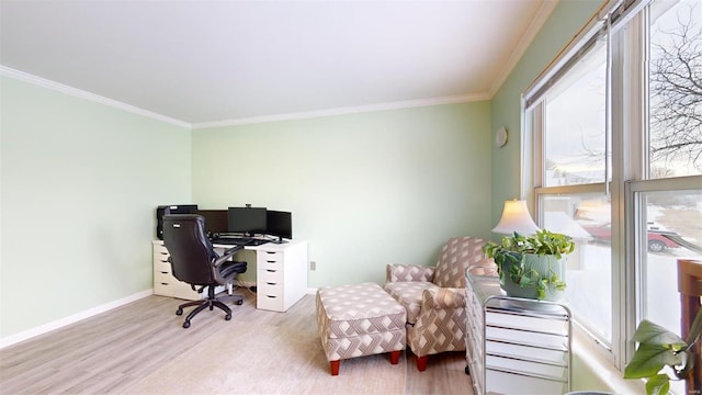 home office with light hardwood / wood-style flooring and crown molding