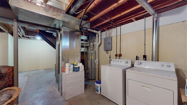 laundry room featuring separate washer and dryer, electric panel, and water heater