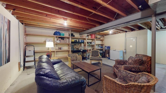 basement with white fridge