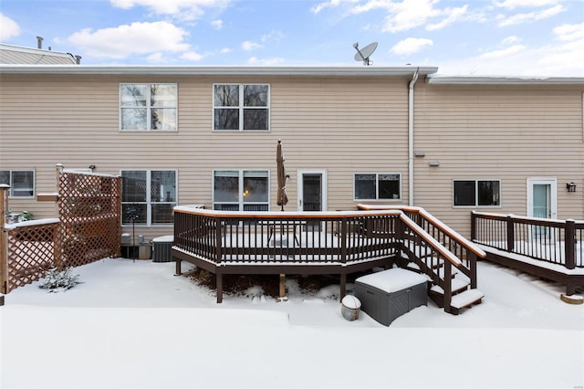 snow covered property featuring a deck and cooling unit