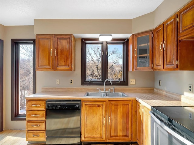 kitchen with sink, stainless steel electric range, light hardwood / wood-style floors, and black dishwasher