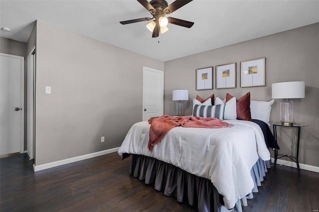 bedroom featuring ceiling fan, a closet, and dark hardwood / wood-style floors