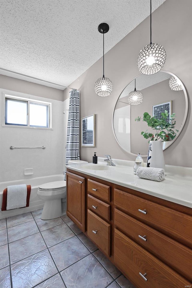 full bathroom with toilet, lofted ceiling,  shower combination, a textured ceiling, and vanity