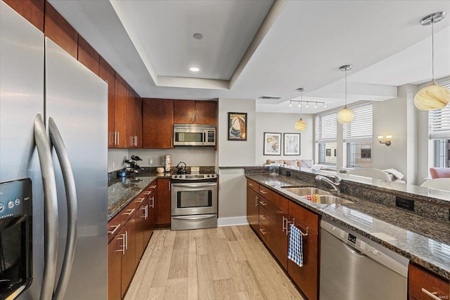 kitchen with stainless steel appliances, sink, hanging light fixtures, and light hardwood / wood-style flooring