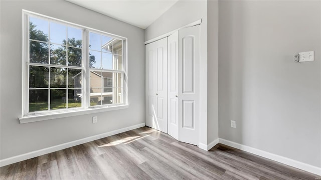 unfurnished bedroom with a closet, multiple windows, and wood-type flooring