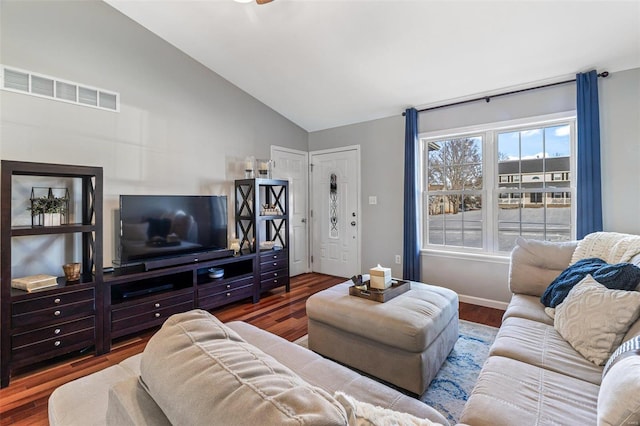 living room featuring lofted ceiling and wood-type flooring