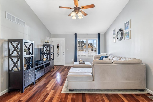 living room with ceiling fan, lofted ceiling, and dark hardwood / wood-style floors