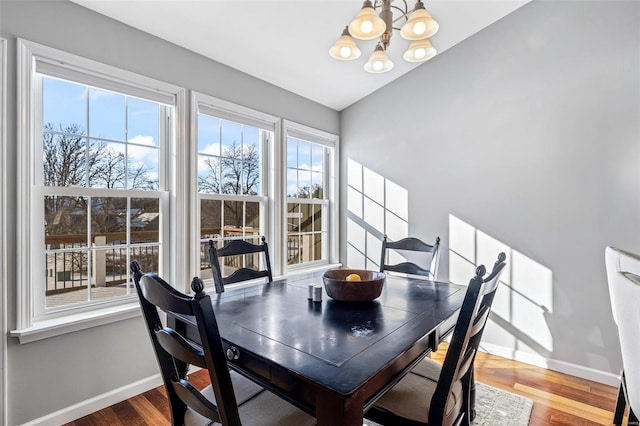 dining area featuring a wealth of natural light, a chandelier, and wood-type flooring