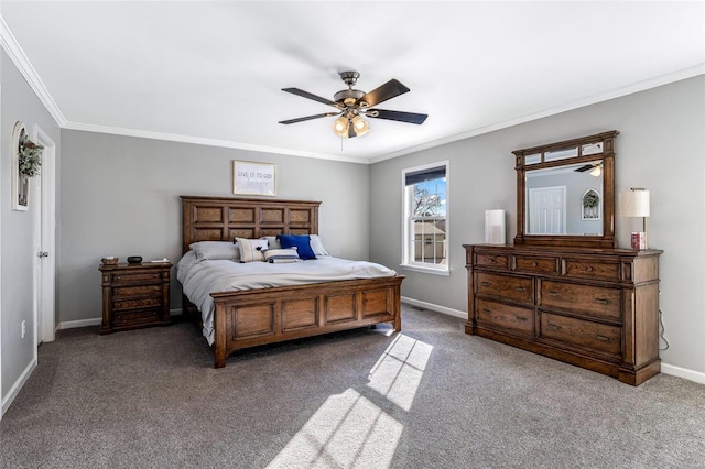 carpeted bedroom with ornamental molding and ceiling fan