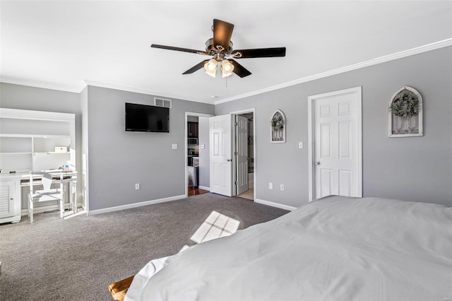 carpeted bedroom with ceiling fan and crown molding