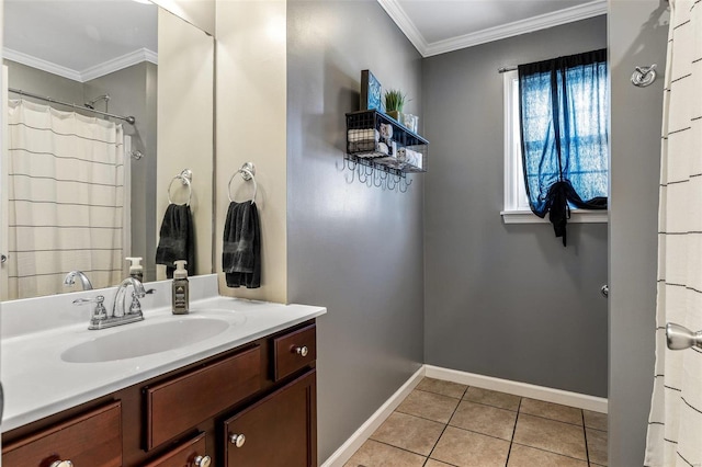 bathroom with vanity, tile patterned floors, and ornamental molding