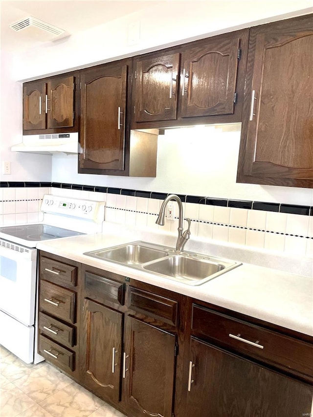 kitchen featuring sink, white range with electric stovetop, backsplash, and dark brown cabinets