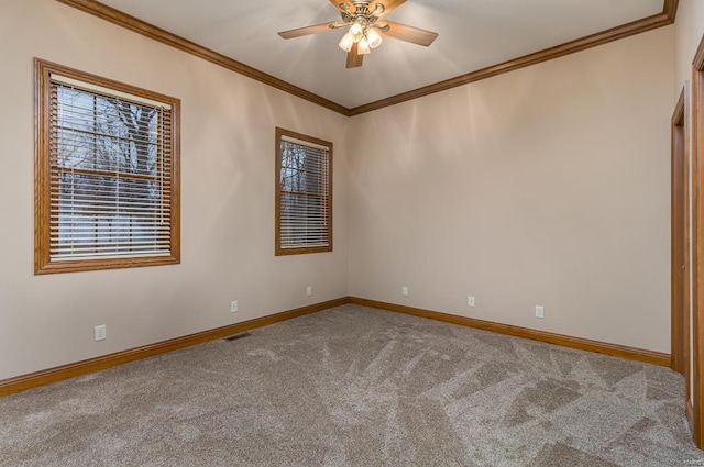 carpeted spare room with ceiling fan and ornamental molding