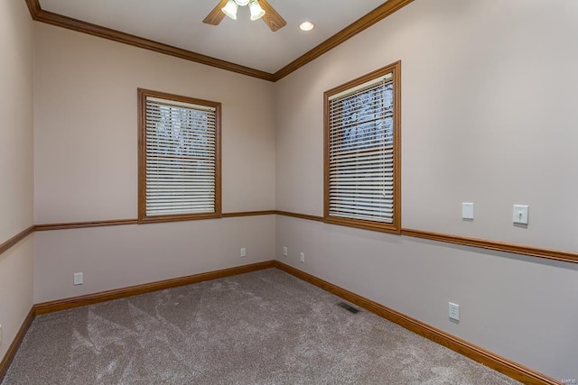 spare room featuring ceiling fan, crown molding, and carpet flooring