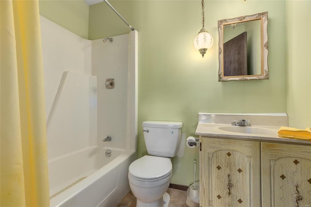 full bathroom featuring shower / washtub combination, vanity, and toilet