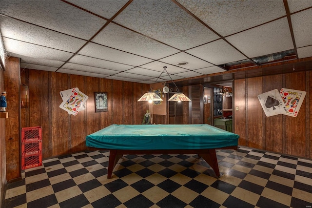 playroom featuring pool table, wood walls, and tile patterned floors