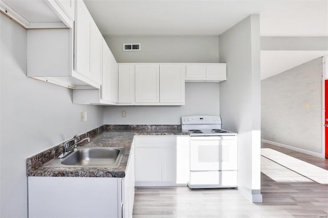 kitchen with white cabinets, light hardwood / wood-style flooring, white electric stove, and sink