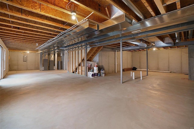 basement with water heater and electric panel