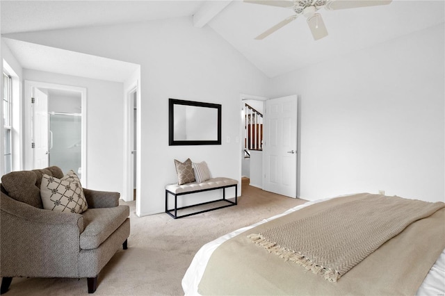 carpeted bedroom featuring a spacious closet, a closet, high vaulted ceiling, beam ceiling, and ceiling fan