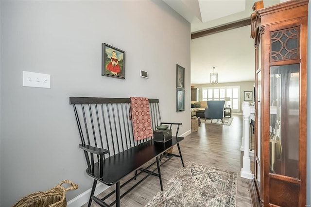 hall featuring hardwood / wood-style floors and lofted ceiling