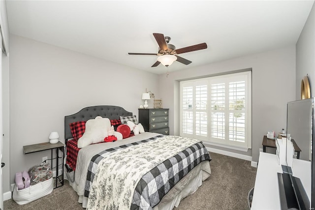 bedroom with ceiling fan and carpet