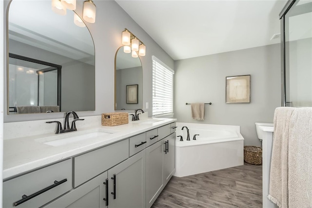 bathroom with vanity, wood-type flooring, and a bath