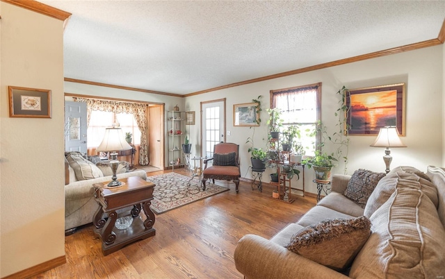 living room featuring hardwood / wood-style flooring, plenty of natural light, crown molding, and a textured ceiling