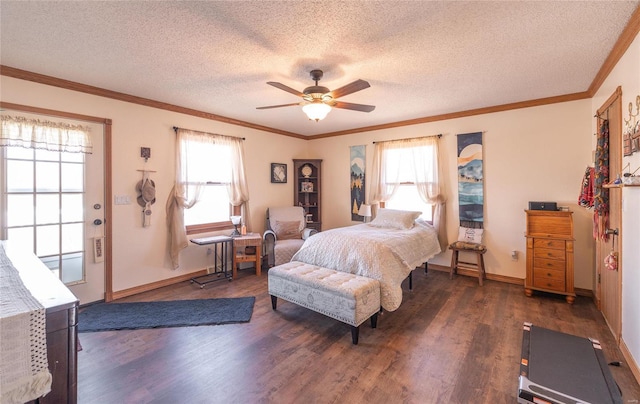 bedroom featuring crown molding, dark hardwood / wood-style floors, and multiple windows