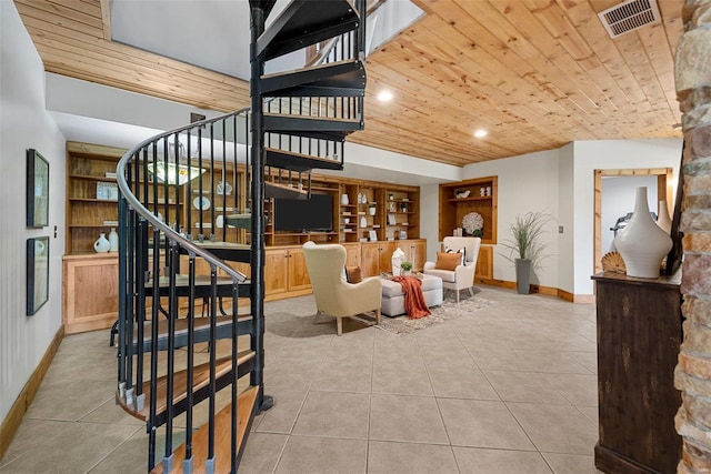 living room with built in features and wooden ceiling