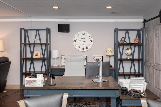 tiled office with ornamental molding