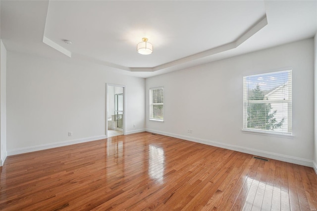 empty room with light wood-style floors, a wealth of natural light, a raised ceiling, and visible vents