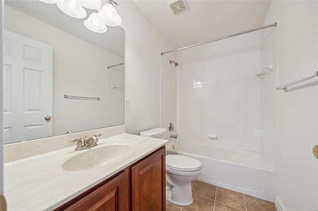 bathroom featuring bathtub / shower combination, toilet, vanity, visible vents, and tile patterned floors