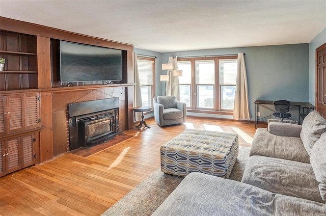 living room featuring a wood stove and light hardwood / wood-style floors