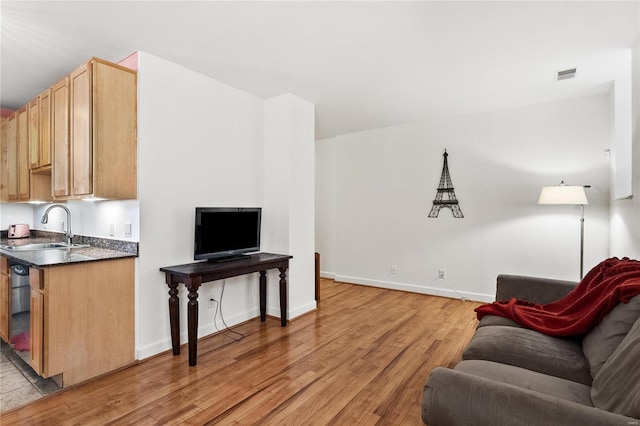 living room with light hardwood / wood-style flooring and sink