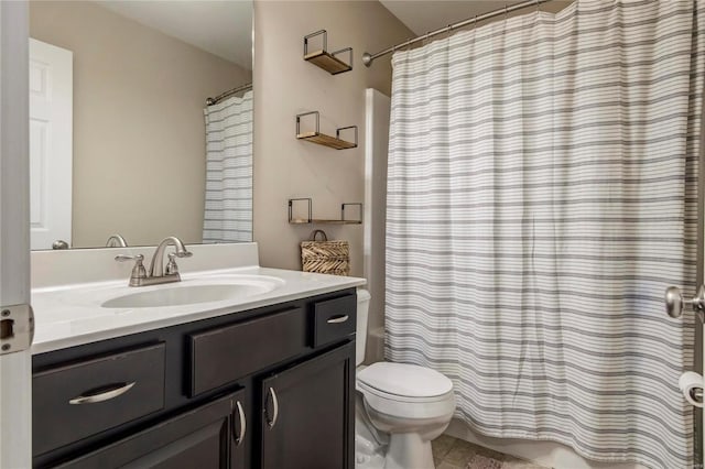 full bath with vanity, toilet, and shower / bathtub combination with curtain