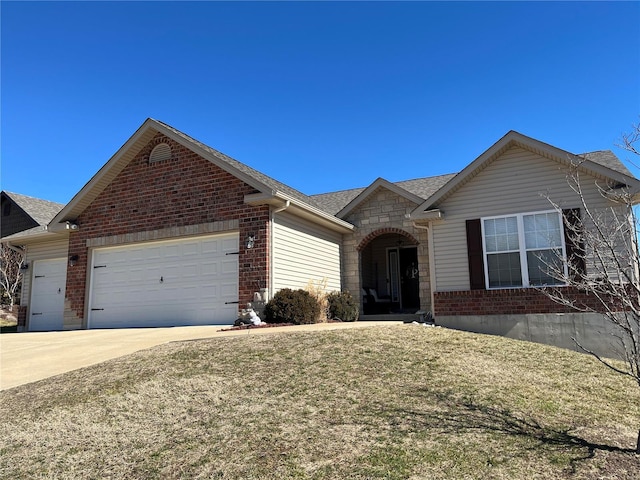 ranch-style house with driveway, brick siding, an attached garage, and stone siding