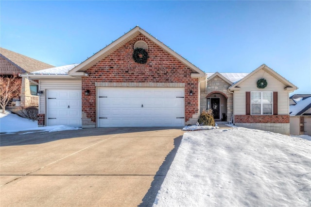 ranch-style house featuring concrete driveway, brick siding, and an attached garage