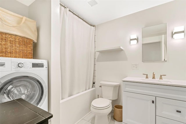 full bathroom featuring visible vents, toilet, vanity, washer / clothes dryer, and shower / bathtub combination with curtain