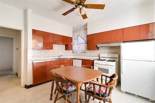 kitchen featuring ceiling fan, sink, and white appliances