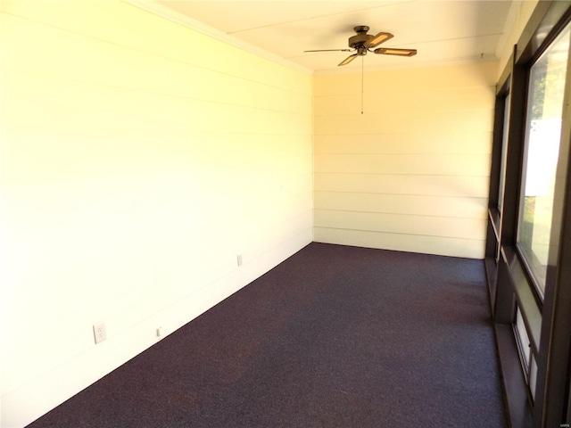 empty room featuring ceiling fan, ornamental molding, and dark colored carpet