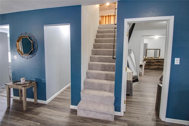 stairs with hardwood / wood-style flooring