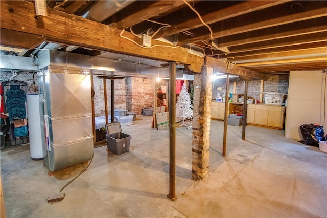 basement with heating unit and water heater