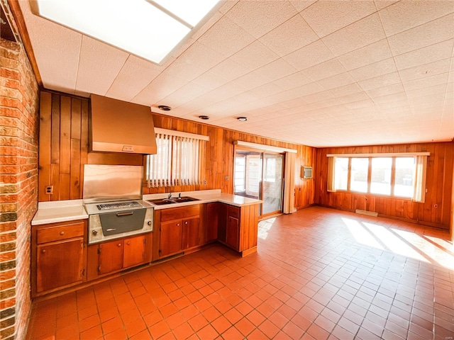 kitchen featuring sink, custom range hood, brick wall, kitchen peninsula, and wood walls