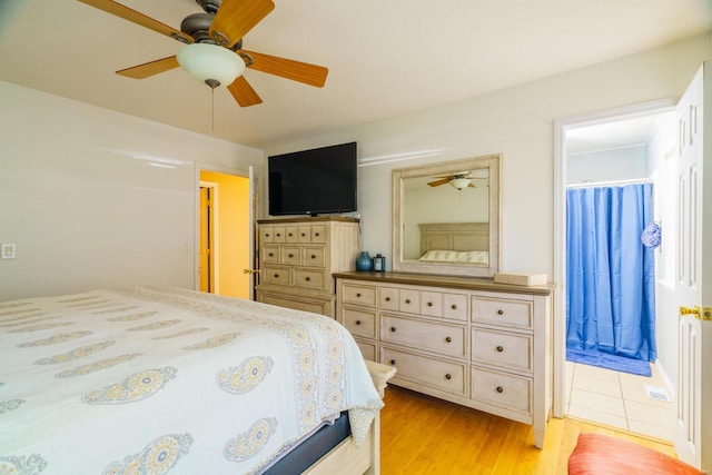 bedroom featuring ceiling fan and light wood-type flooring